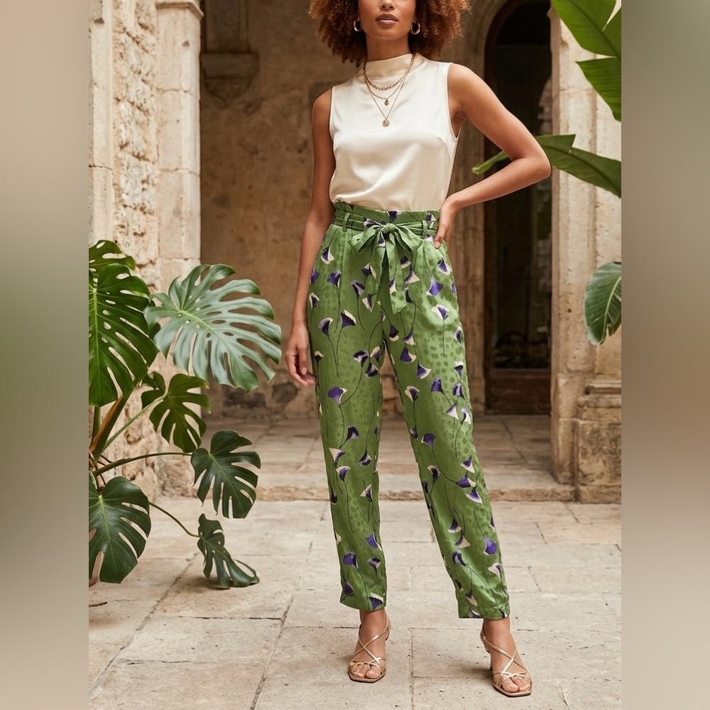High-Waist Green Floral Paperbag Pants
